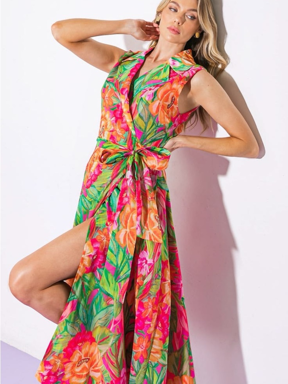 Flying Tomato Vibrant Floral Collared Tie-Waist Midi Dress - Pink & Green - Picture 2 of 4